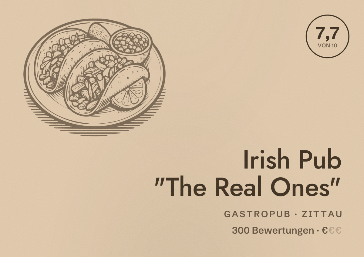 Illustriertes Poster von Irish Pub "The Real Ones", Gastropub in Zittau: Bewertung 7,7 von 10 aus 300 Bewertungen, Preisniveau €