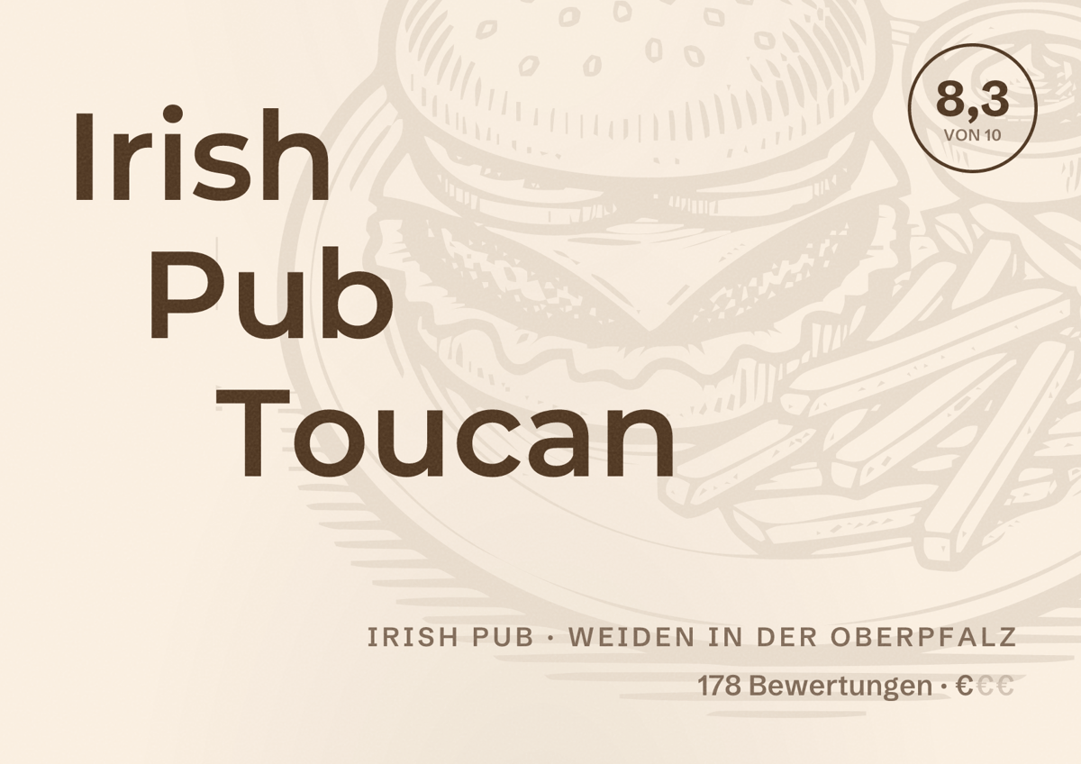 Illustriertes Poster von Irish Pub Toucan, Irish Pub in Weiden in der Oberpfalz: Bewertung 8,3 von 10 aus 178 Bewertungen, Preisniveau €