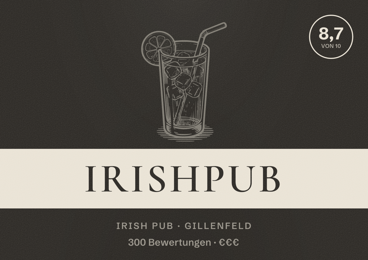 Illustriertes Poster von Irishpub, Irish Pub in Gillenfeld: Bewertung 8,7 von 10 aus 300 Bewertungen, Preisniveau €€€