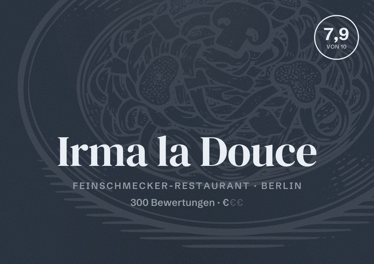 Illustriertes Poster von Irma la Douce, Feinschmecker-Restaurant in Berlin: Bewertung 7,9 von 10 aus 300 Bewertungen, Preisniveau €