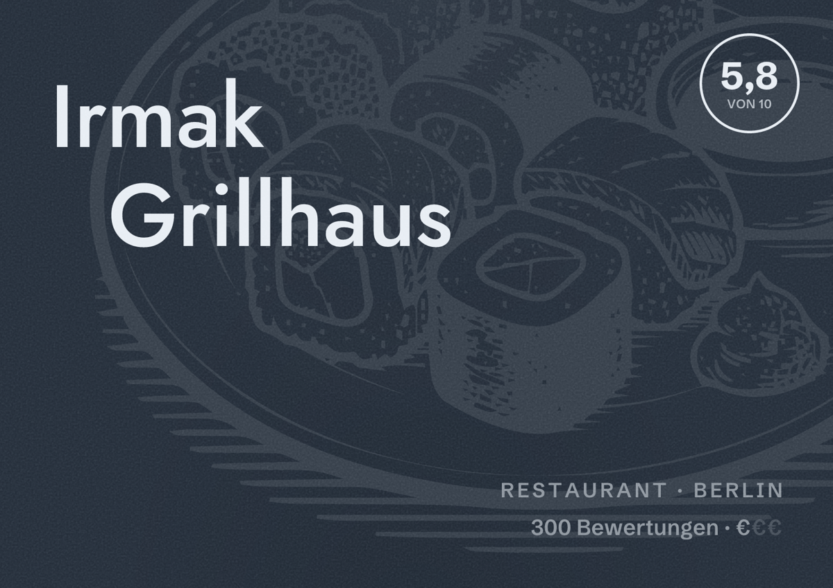 Illustriertes Poster von Irmak Grillhaus, Restaurant in Berlin: Bewertung 5,8 von 10 aus 300 Bewertungen, Preisniveau €