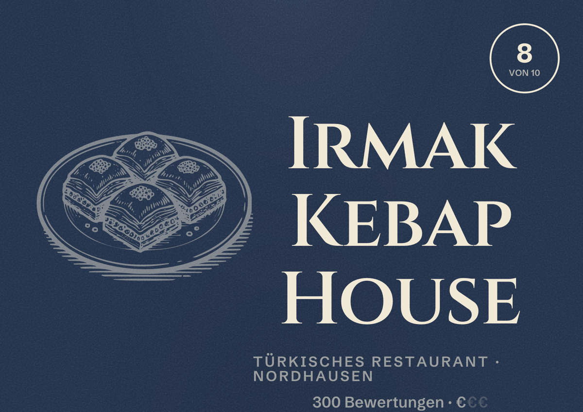 Illustriertes Poster von Irmak Kebap House, Türkisches Restaurant in Nordhausen: Bewertung 8 von 10 aus 300 Bewertungen, Preisniveau €