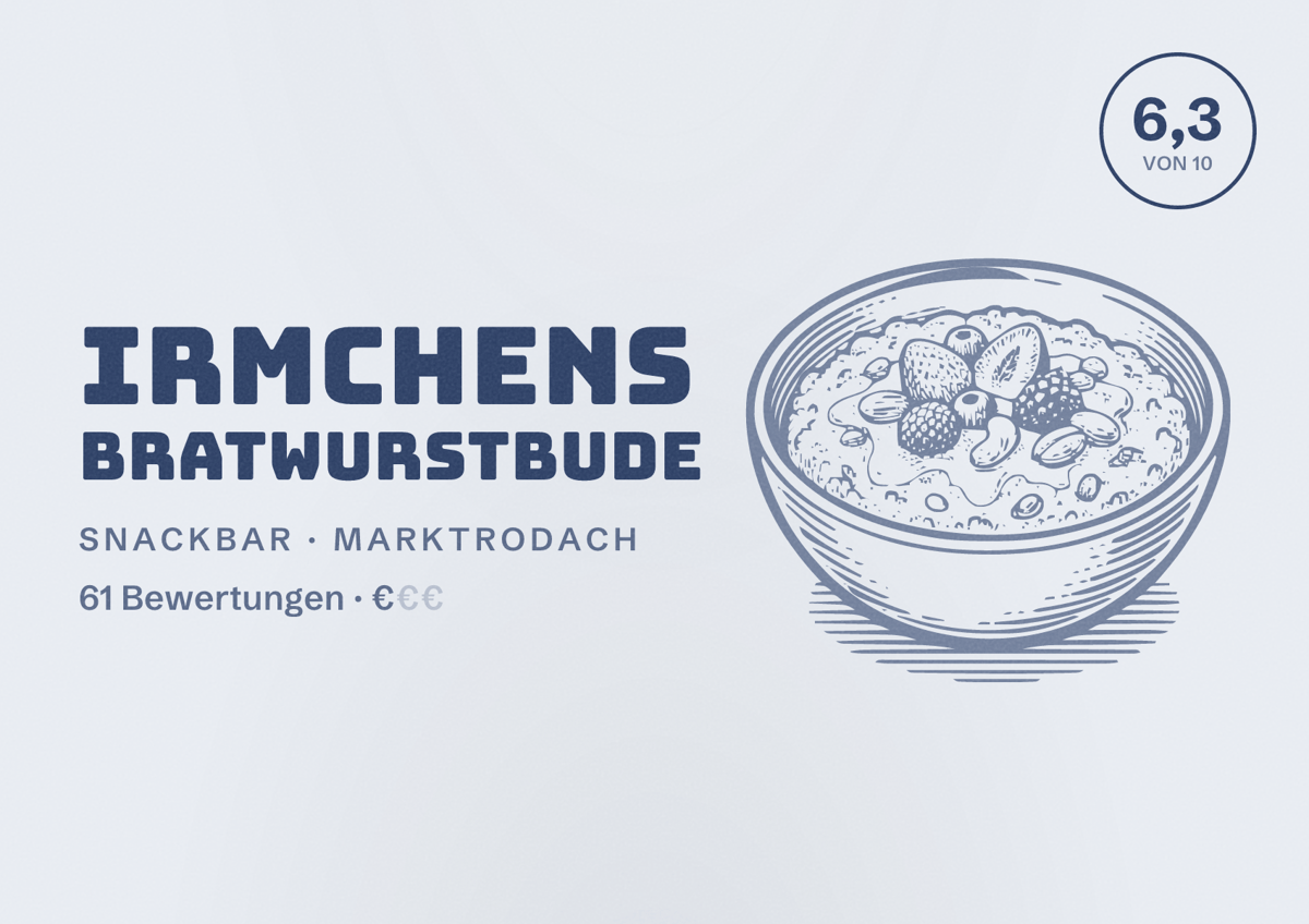 Illustriertes Poster von Irmchens Bratwurstbude, Snackbar in Marktrodach: Bewertung 6,3 von 10 aus 61 Bewertungen, Preisniveau €