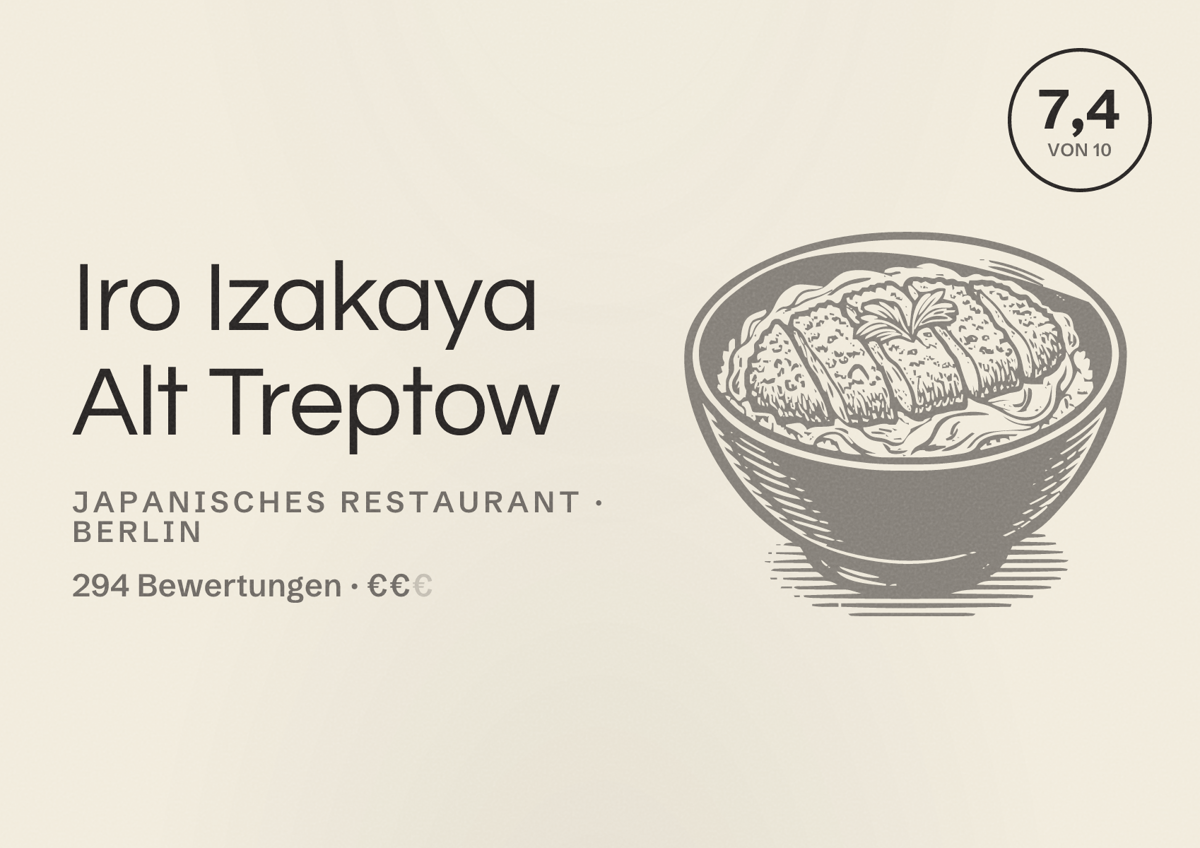 Illustriertes Poster von Iro Izakaya Alt Treptow, Japanisches Restaurant in Berlin: Bewertung 7,4 von 10 aus 294 Bewertungen, Preisniveau €€