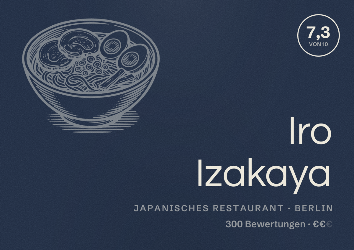 Illustriertes Poster von Iro Izakaya, Japanisches Restaurant in Berlin: Bewertung 7,3 von 10 aus 300 Bewertungen, Preisniveau €€