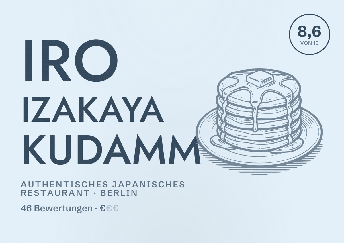Illustriertes Poster von Iro Izakaya Kudamm, Authentisches japanisches Restaurant in Berlin: Bewertung 8,6 von 10 aus 46 Bewertungen, Preisniveau €
