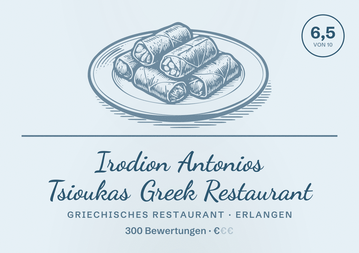 Illustriertes Poster von Irodion Antonios Tsioukas Greek Restaurant, Griechisches Restaurant in Erlangen: Bewertung 6,5 von 10 aus 300 Bewertungen, Preisniveau €