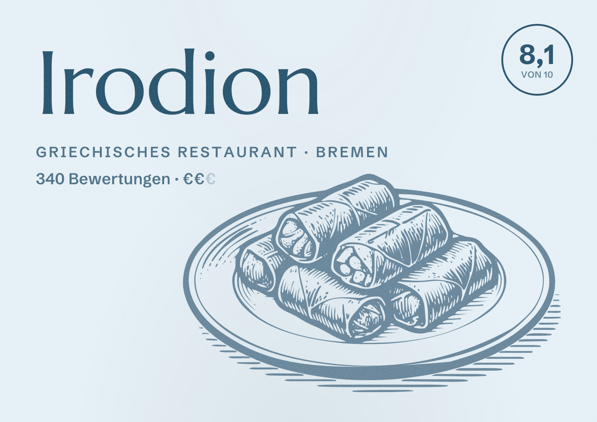 Illustriertes Poster von Irodion, Griechisches Restaurant in Bremen: Bewertung 8,1 von 10 aus 340 Bewertungen, Preisniveau €€