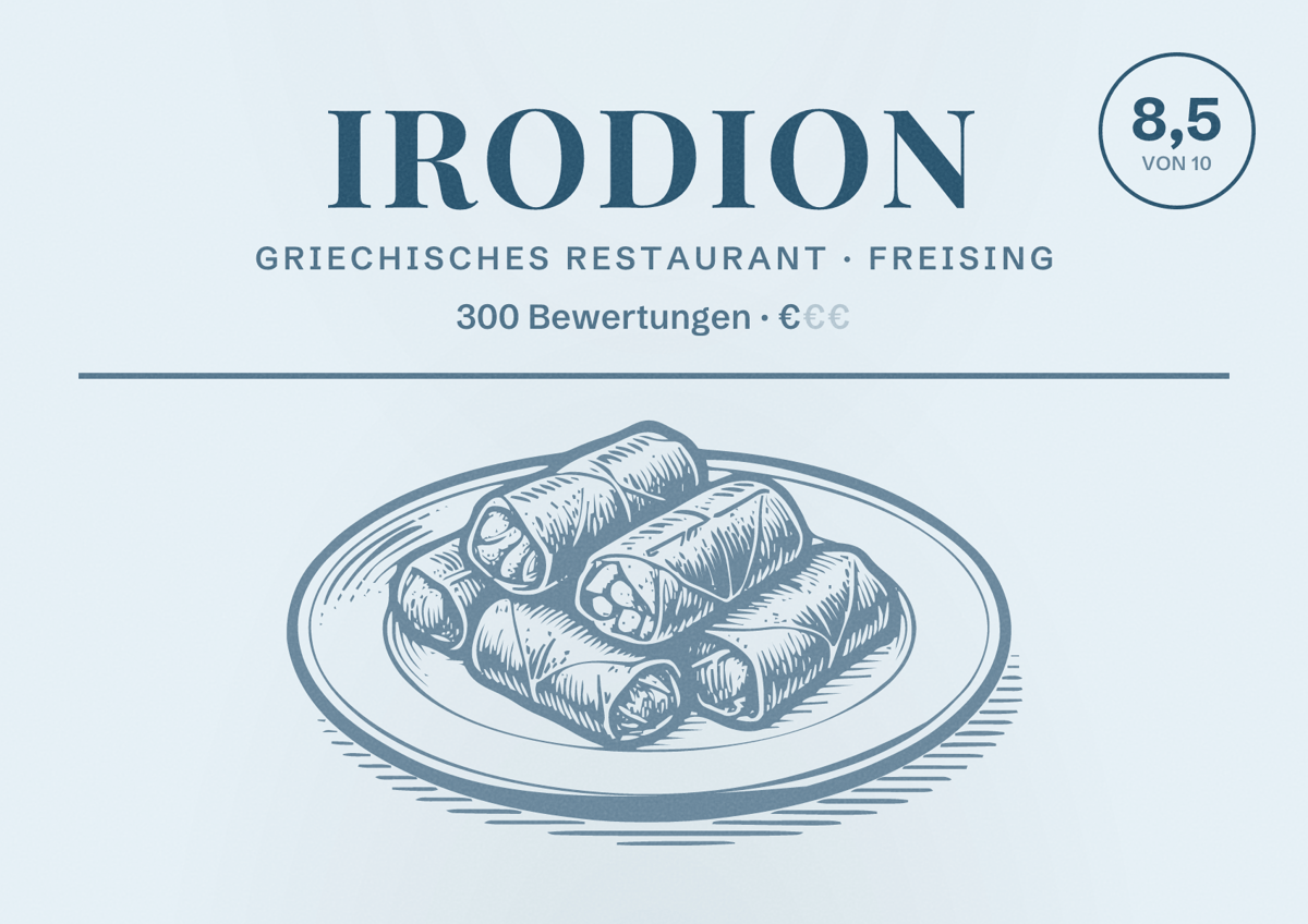 Illustriertes Poster von Irodion, Griechisches Restaurant in Freising: Bewertung 8,5 von 10 aus 300 Bewertungen, Preisniveau €