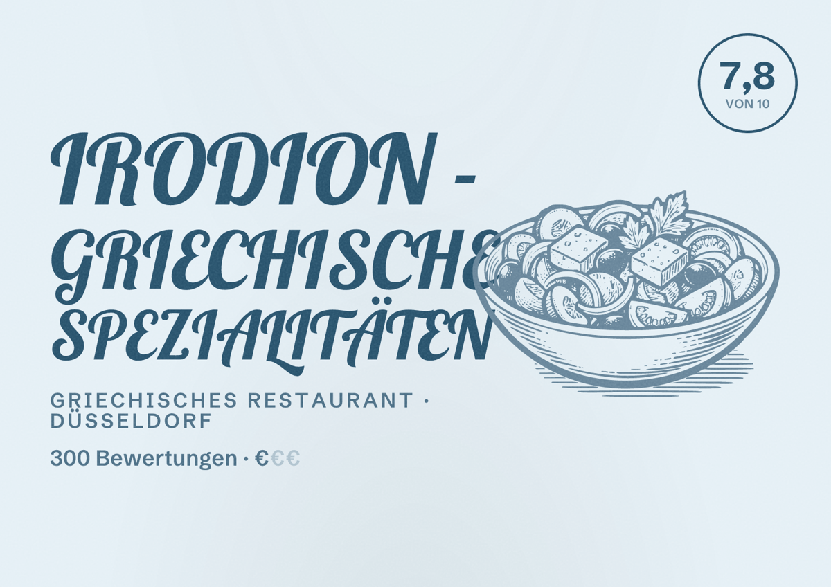 Illustriertes Poster von IRODION - GRIECHISCHE SPEZIALITÄTEN, Griechisches Restaurant in Düsseldorf: Bewertung 7,8 von 10 aus 300 Bewertungen, Preisniveau €
