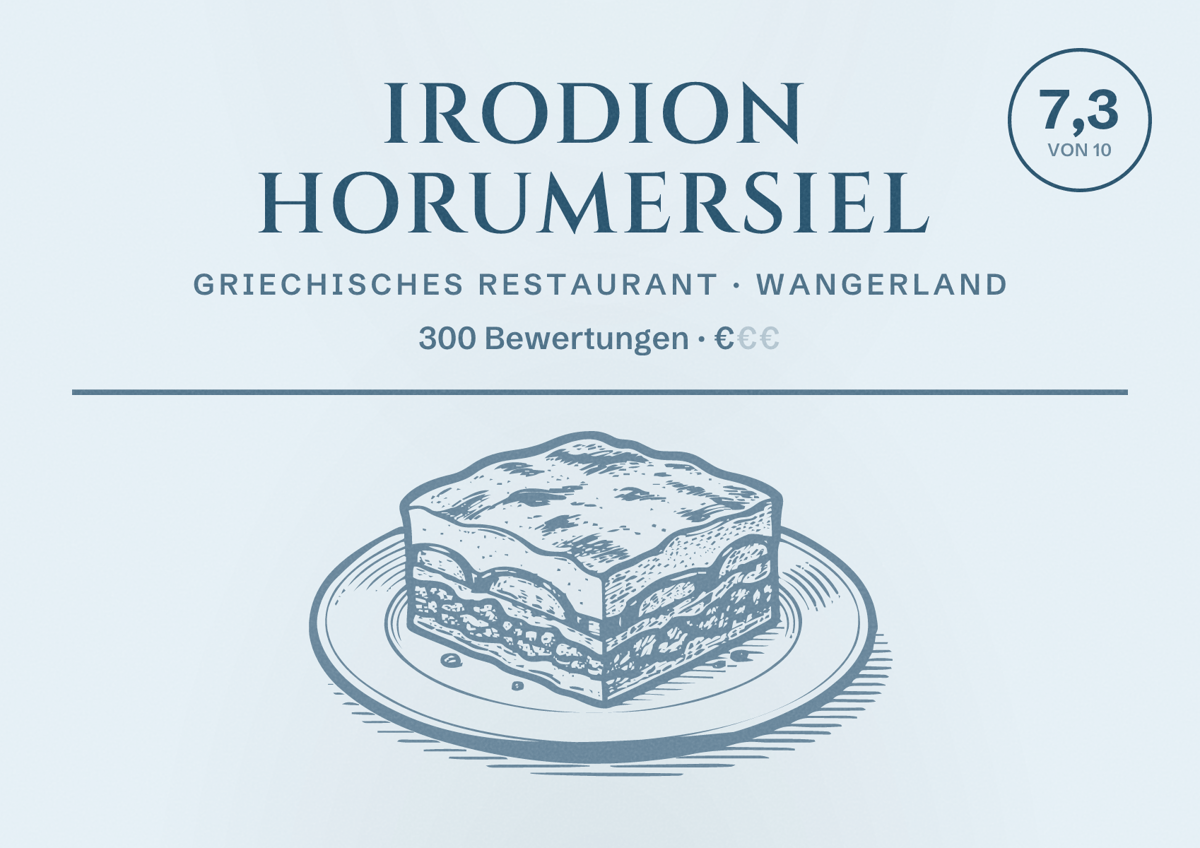 Illustriertes Poster von Irodion Horumersiel, Griechisches Restaurant in Wangerland: Bewertung 7,3 von 10 aus 300 Bewertungen, Preisniveau €