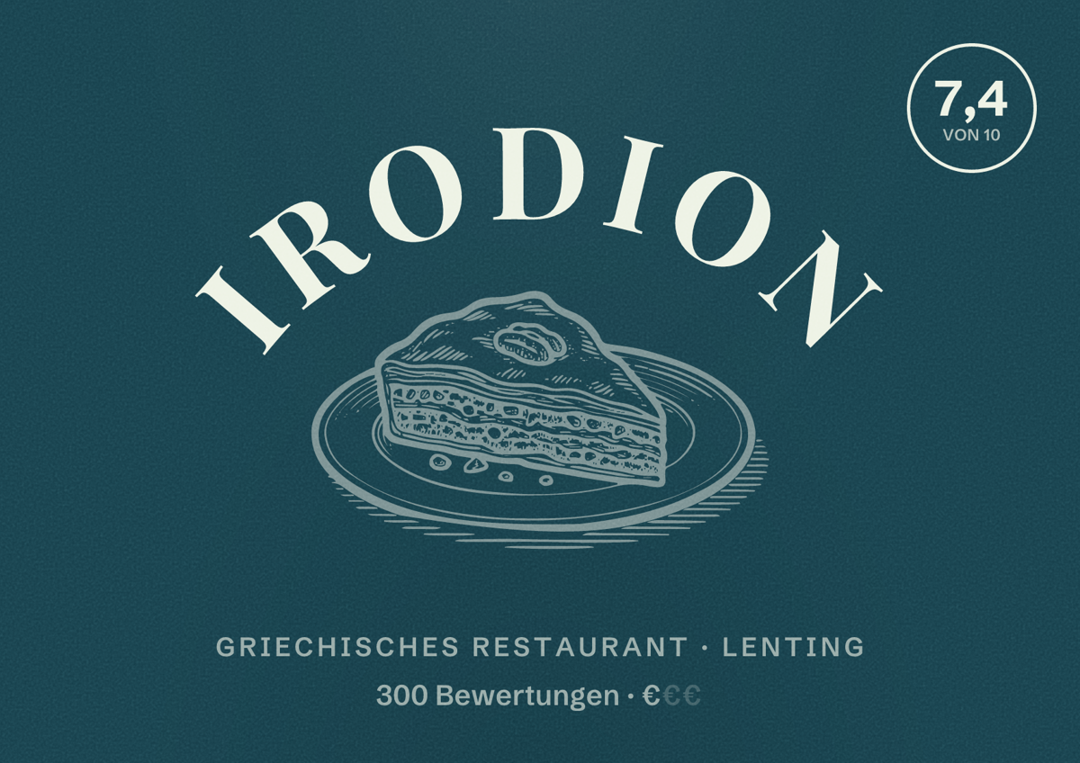 Illustriertes Poster von Irodion, Griechisches Restaurant in Lenting: Bewertung 7,4 von 10 aus 300 Bewertungen, Preisniveau €