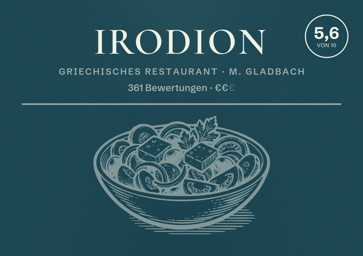 Illustriertes Poster von IRODION, Griechisches Restaurant in M. Gladbach: Bewertung 5,6 von 10 aus 361 Bewertungen, Preisniveau €€