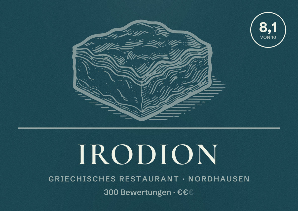 Illustriertes Poster von IRODION, Griechisches Restaurant in Nordhausen: Bewertung 8,1 von 10 aus 300 Bewertungen, Preisniveau €€