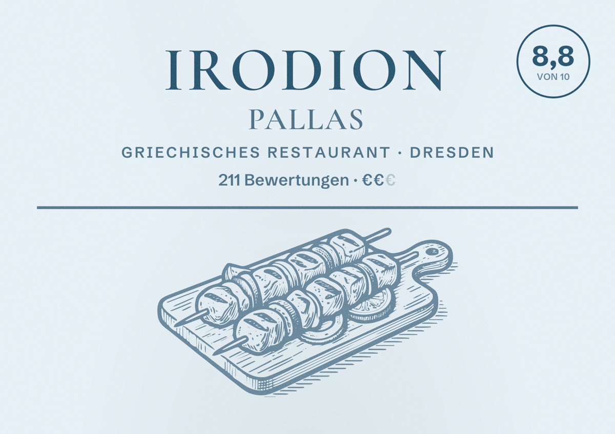 Illustriertes Poster von Irodion Pallas, Griechisches Restaurant in Dresden: Bewertung 8,8 von 10 aus 211 Bewertungen, Preisniveau €€
