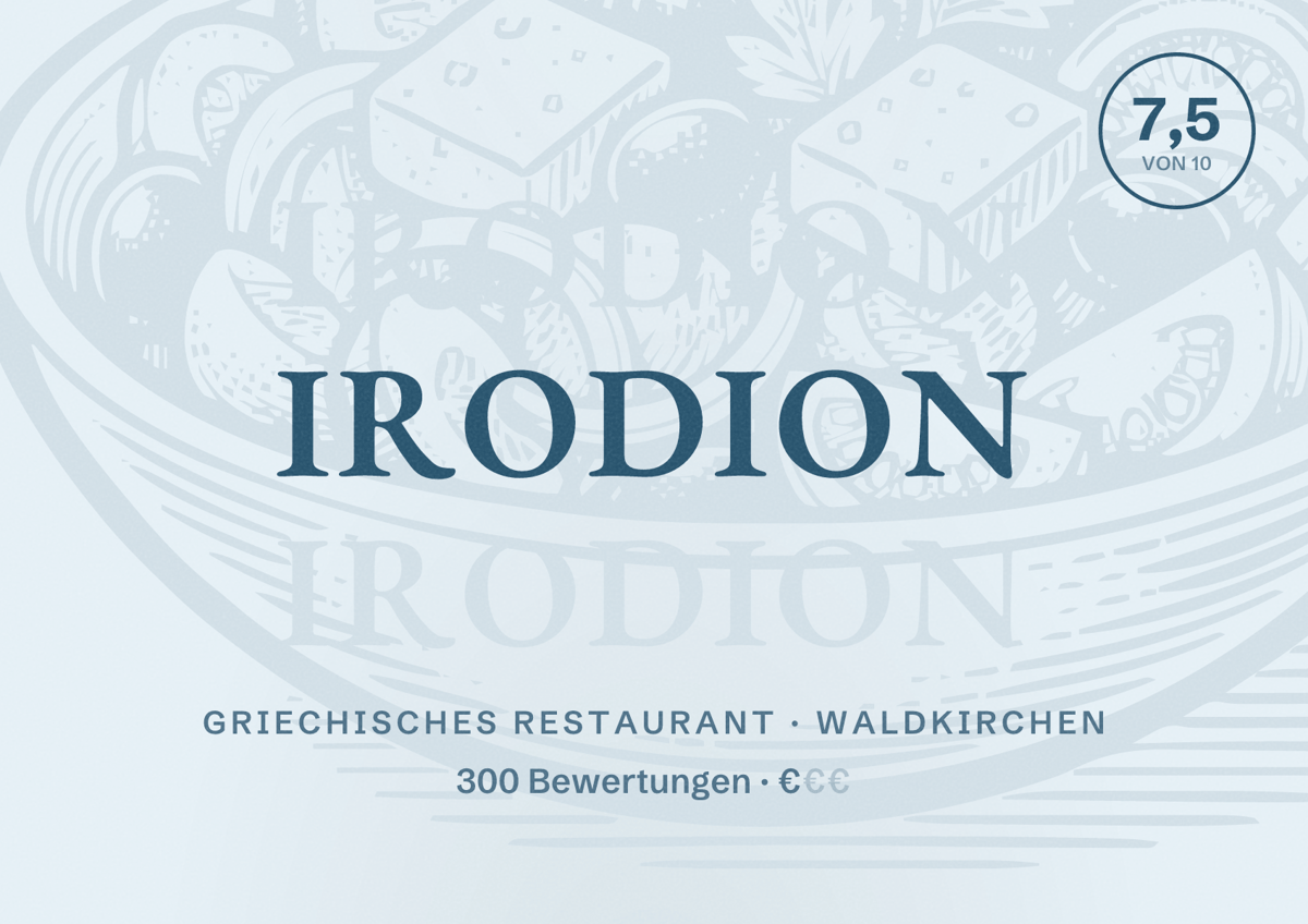 Illustriertes Poster von Irodion, Griechisches Restaurant in Waldkirchen: Bewertung 7,5 von 10 aus 300 Bewertungen, Preisniveau €