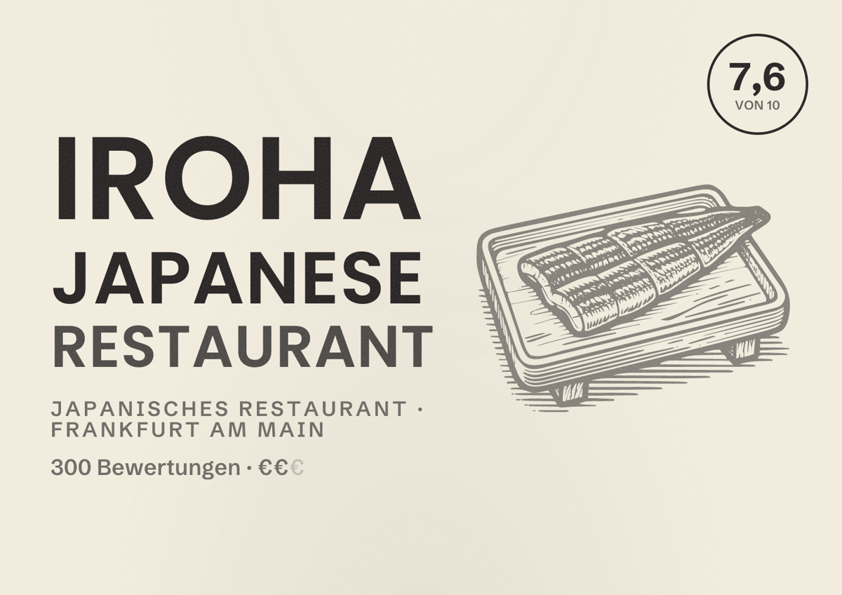 Illustriertes Poster von Iroha Japanese Restaurant, Japanisches Restaurant in Frankfurt am Main: Bewertung 7,6 von 10 aus 300 Bewertungen, Preisniveau €€