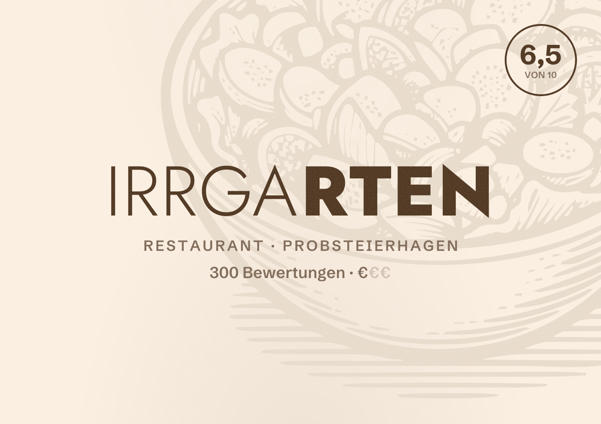 Illustriertes Poster von Irrgarten, Restaurant in Probsteierhagen: Bewertung 6,5 von 10 aus 300 Bewertungen, Preisniveau €