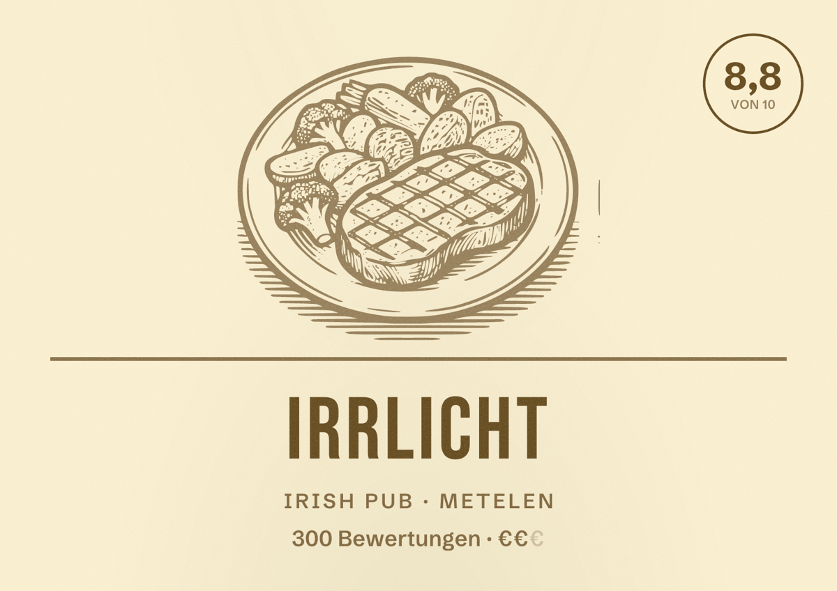 Illustriertes Poster von IRRLICHT, Irish Pub in Metelen: Bewertung 8,8 von 10 aus 300 Bewertungen, Preisniveau €€