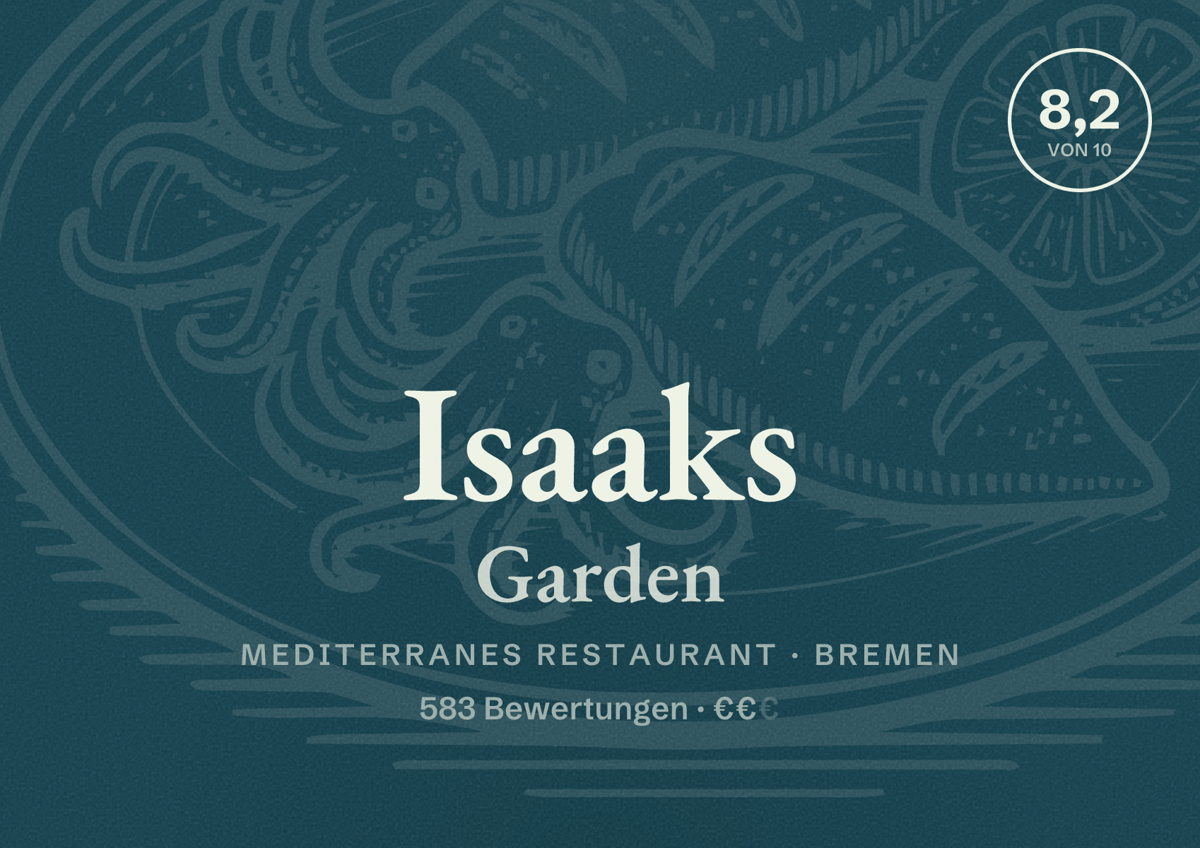 Illustriertes Poster von Isaaks Garden, Mediterranes Restaurant in Bremen: Bewertung 8,2 von 10 aus 583 Bewertungen, Preisniveau €€
