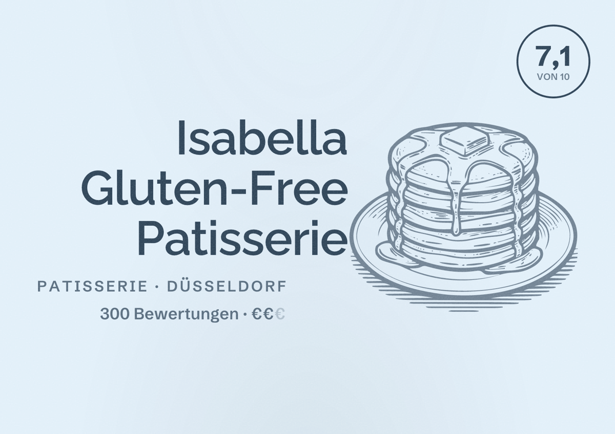 Illustriertes Poster von Isabella Gluten-Free Patisserie, Patisserie in Düsseldorf: Bewertung 7,1 von 10 aus 300 Bewertungen, Preisniveau €€