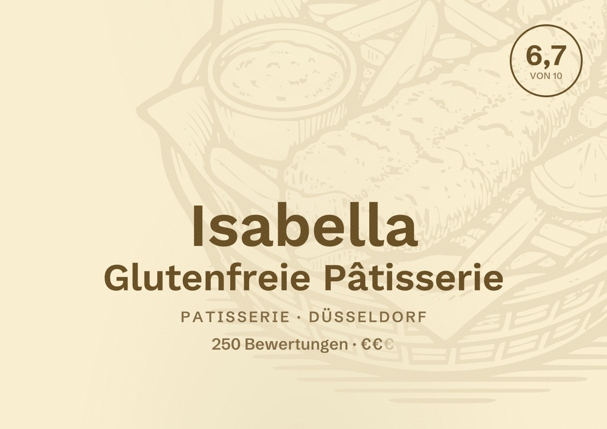 Illustriertes Poster von Isabella Glutenfreie Pâtisserie, Patisserie in Düsseldorf: Bewertung 6,7 von 10 aus 250 Bewertungen, Preisniveau €€