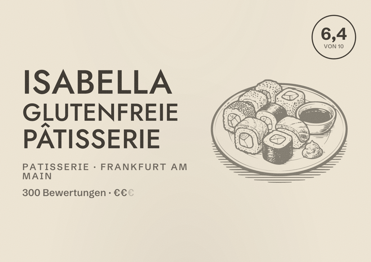 Illustriertes Poster von Isabella Glutenfreie Pâtisserie, Patisserie in Frankfurt am Main: Bewertung 6,4 von 10 aus 300 Bewertungen, Preisniveau €€