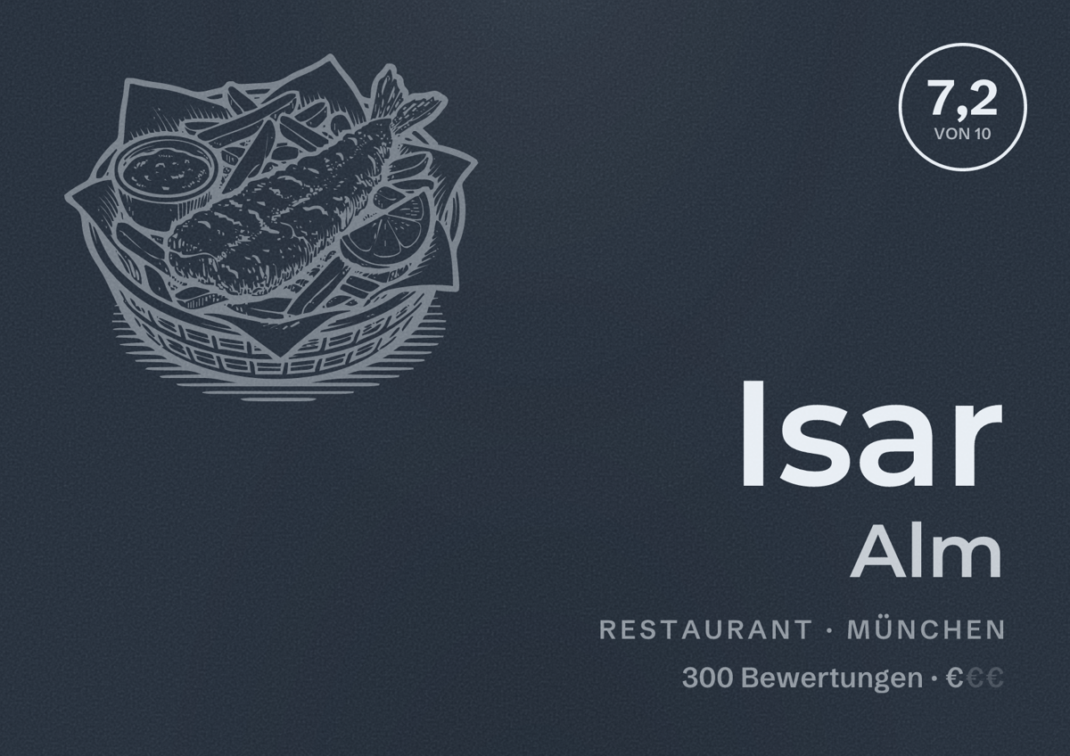 Illustriertes Poster von Isar Alm, Restaurant in München: Bewertung 7,2 von 10 aus 300 Bewertungen, Preisniveau €