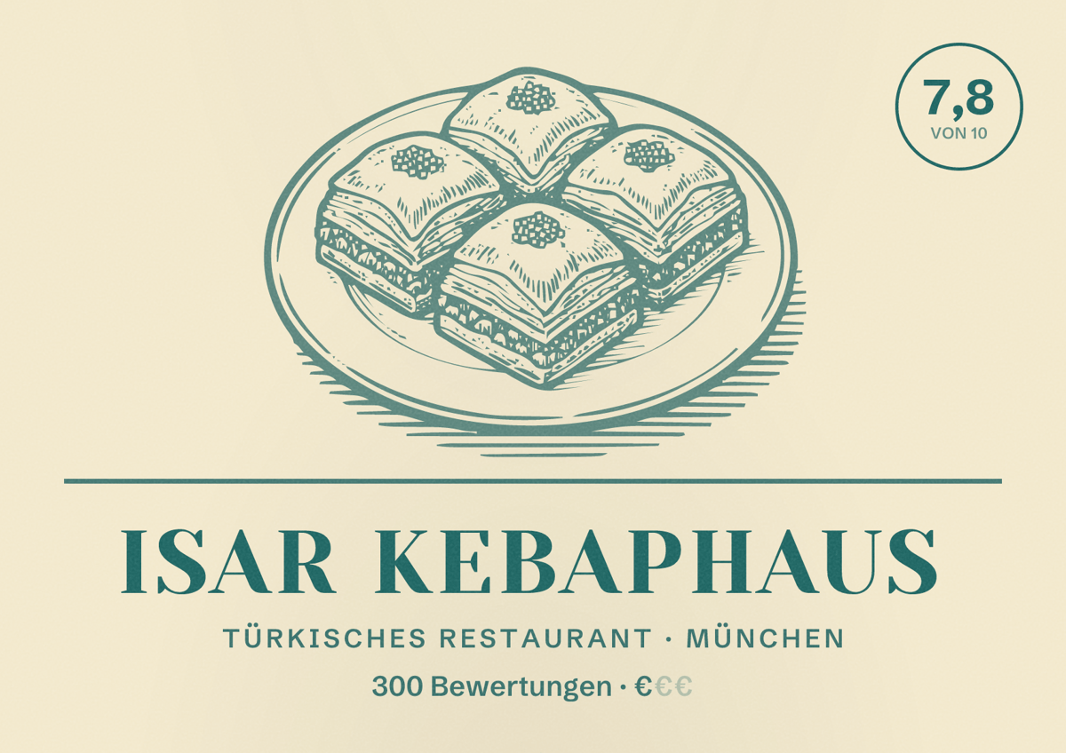 Illustriertes Poster von Isar Kebaphaus, Türkisches Restaurant in München: Bewertung 7,8 von 10 aus 300 Bewertungen, Preisniveau €