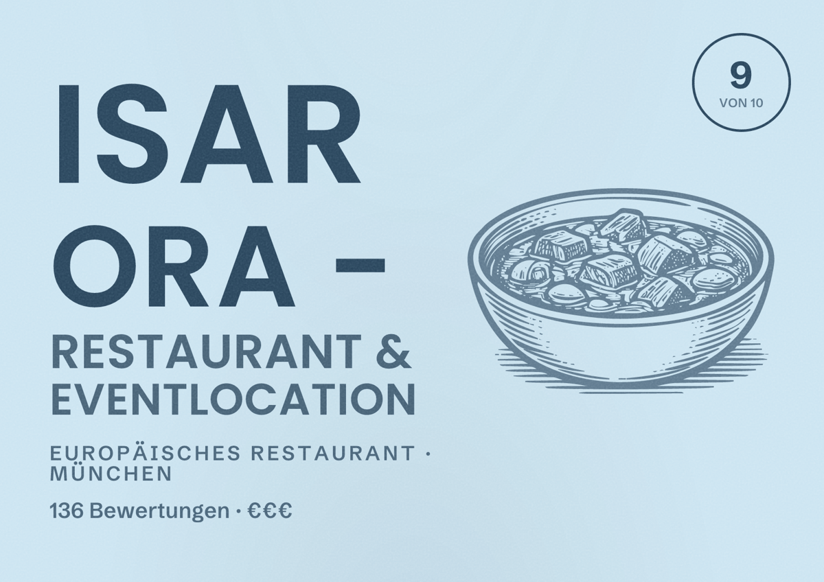 Illustriertes Poster von Isar Ora - Restaurant & Eventlocation, Europäisches Restaurant in München: Bewertung 9,0 von 10 aus 136 Bewertungen, Preisniveau €€€