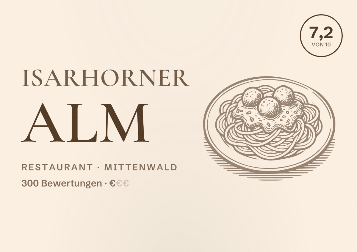 Illustriertes Poster von Isarhorner Alm, Restaurant in Mittenwald: Bewertung 7,2 von 10 aus 300 Bewertungen, Preisniveau €