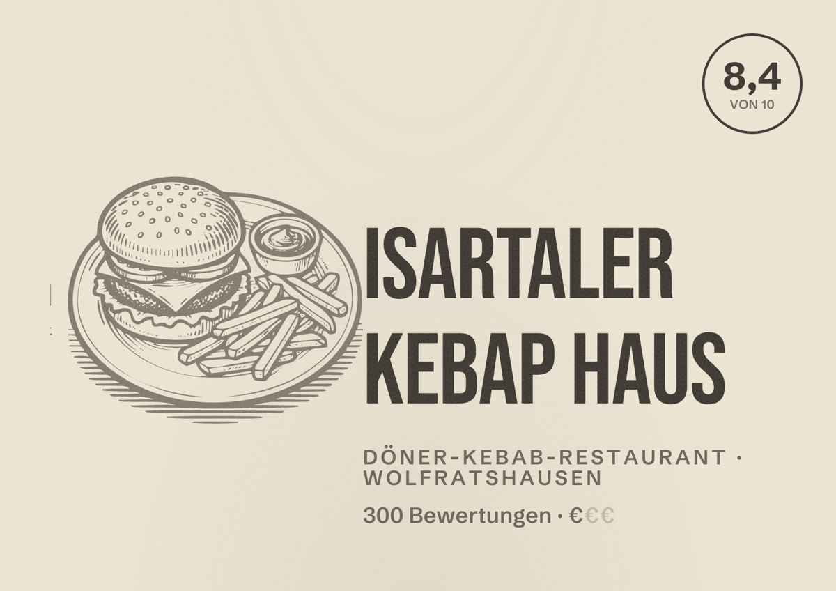 Illustriertes Poster von Isartaler Kebap Haus, Döner-Kebab-Restaurant in Wolfratshausen: Bewertung 8,4 von 10 aus 300 Bewertungen, Preisniveau €