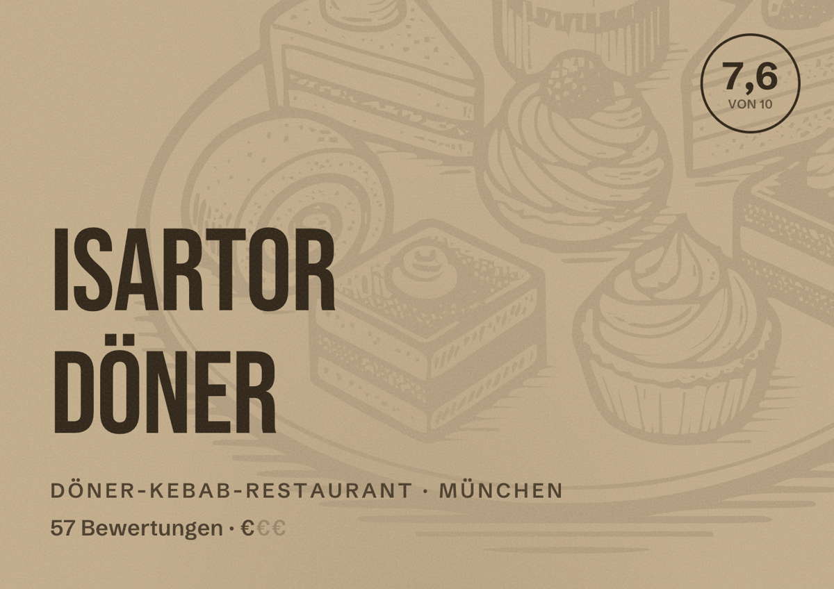 Illustriertes Poster von Isartor Döner, Döner-Kebab-Restaurant in München: Bewertung 7,6 von 10 aus 57 Bewertungen, Preisniveau €