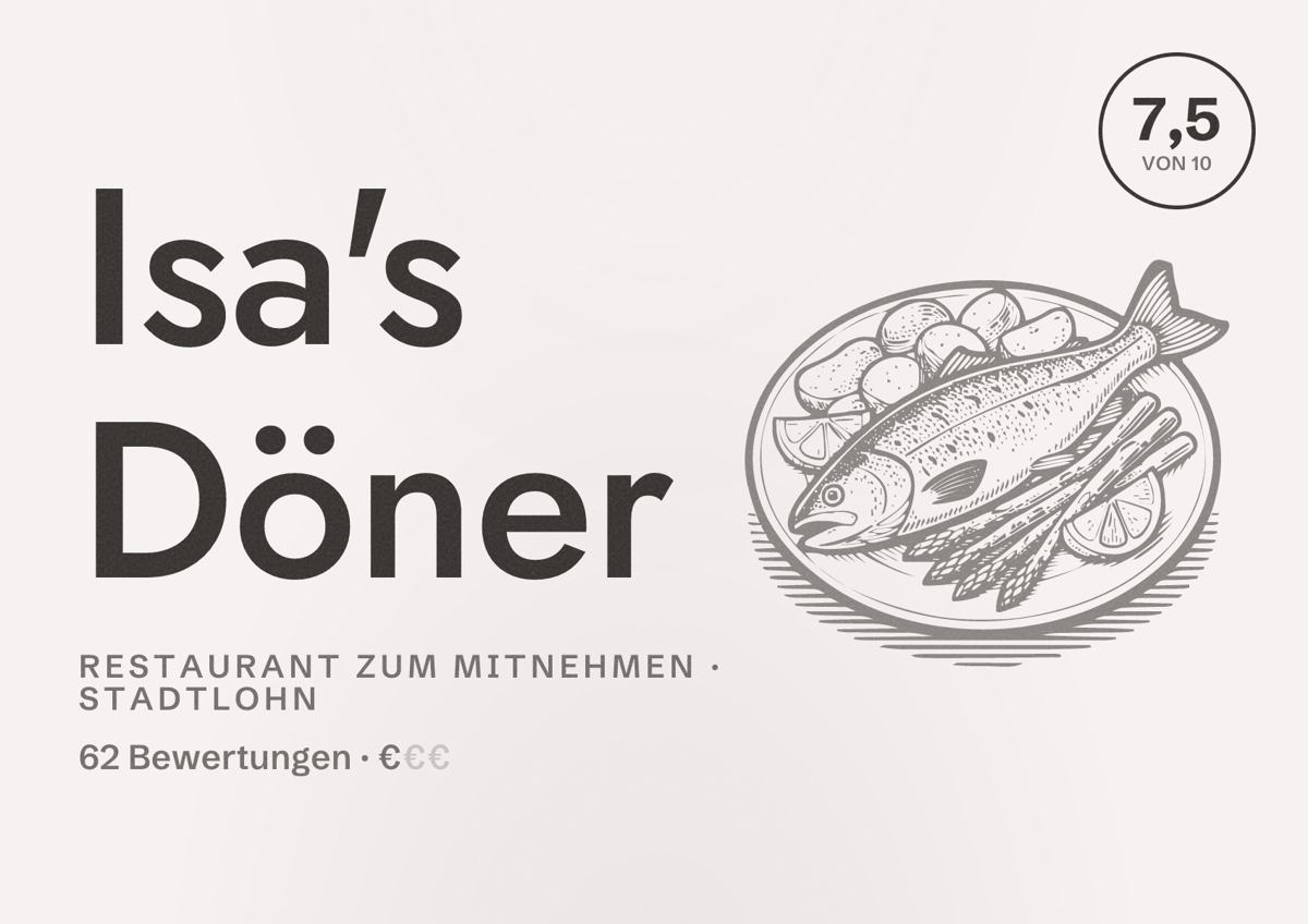 Illustriertes Poster von Isa's Döner, Restaurant zum Mitnehmen in Stadtlohn: Bewertung 7,5 von 10 aus 62 Bewertungen, Preisniveau €
