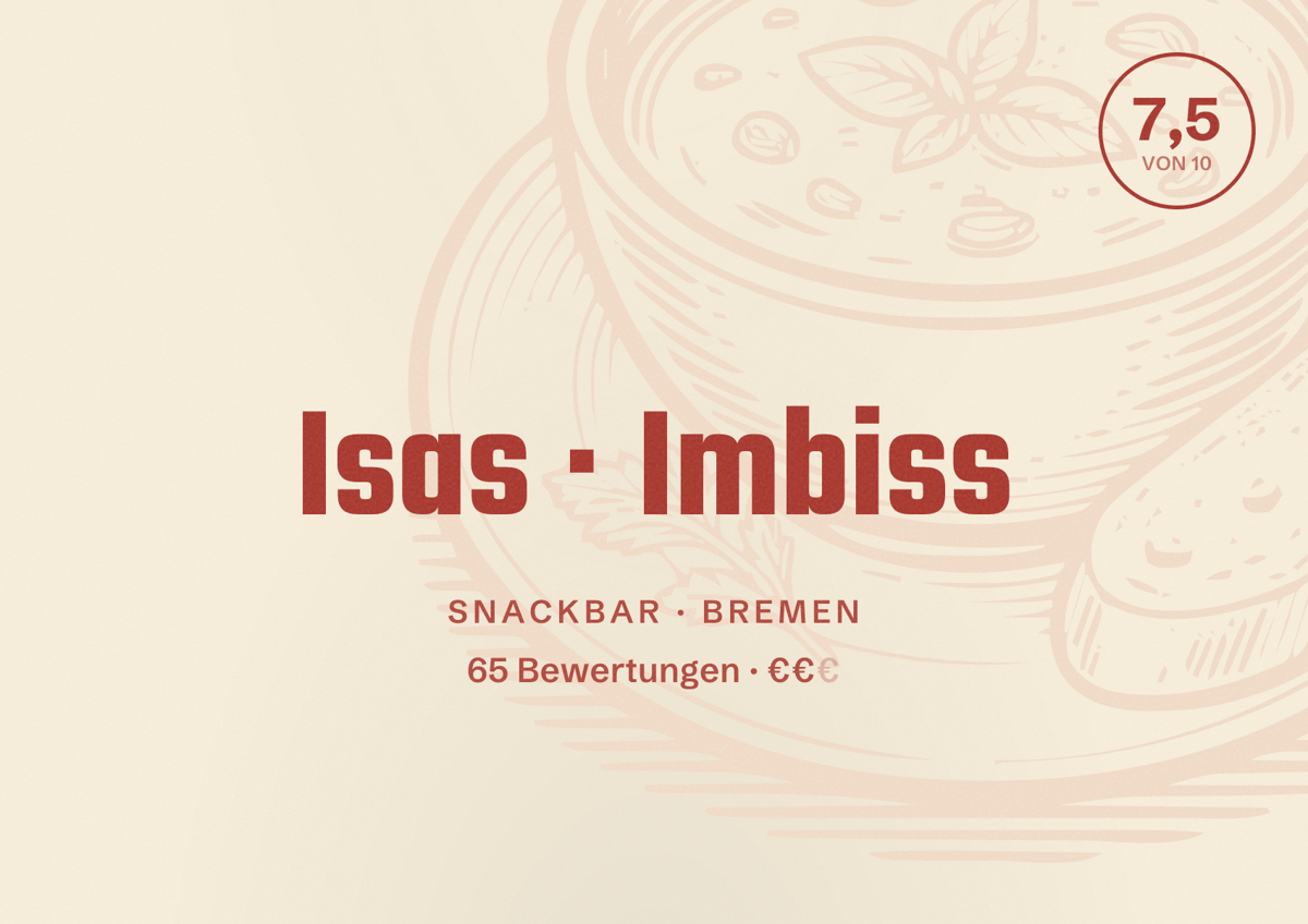 Illustriertes Poster von Isas Imbiss, Snackbar in Bremen: Bewertung 7,5 von 10 aus 65 Bewertungen, Preisniveau €€