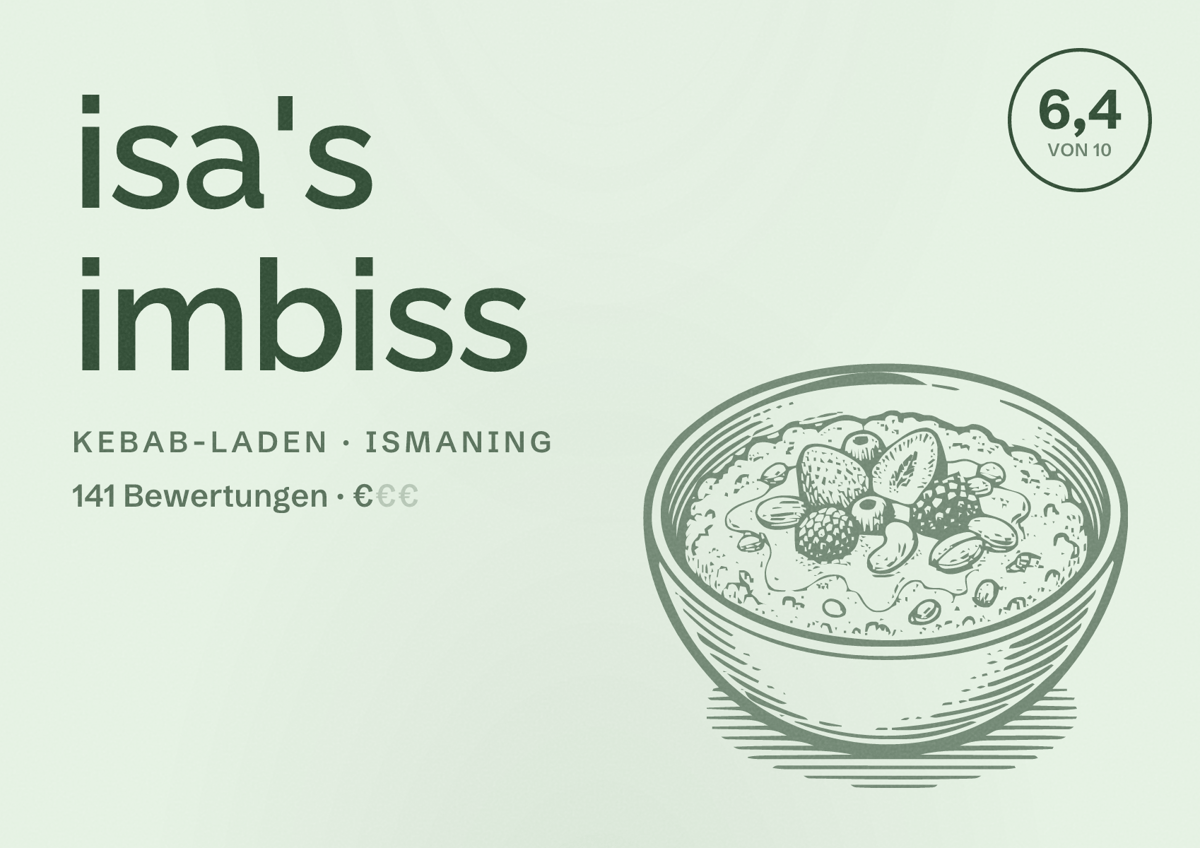 Illustriertes Poster von isa's imbiss, Kebab-Laden in Ismaning: Bewertung 6,4 von 10 aus 141 Bewertungen, Preisniveau €
