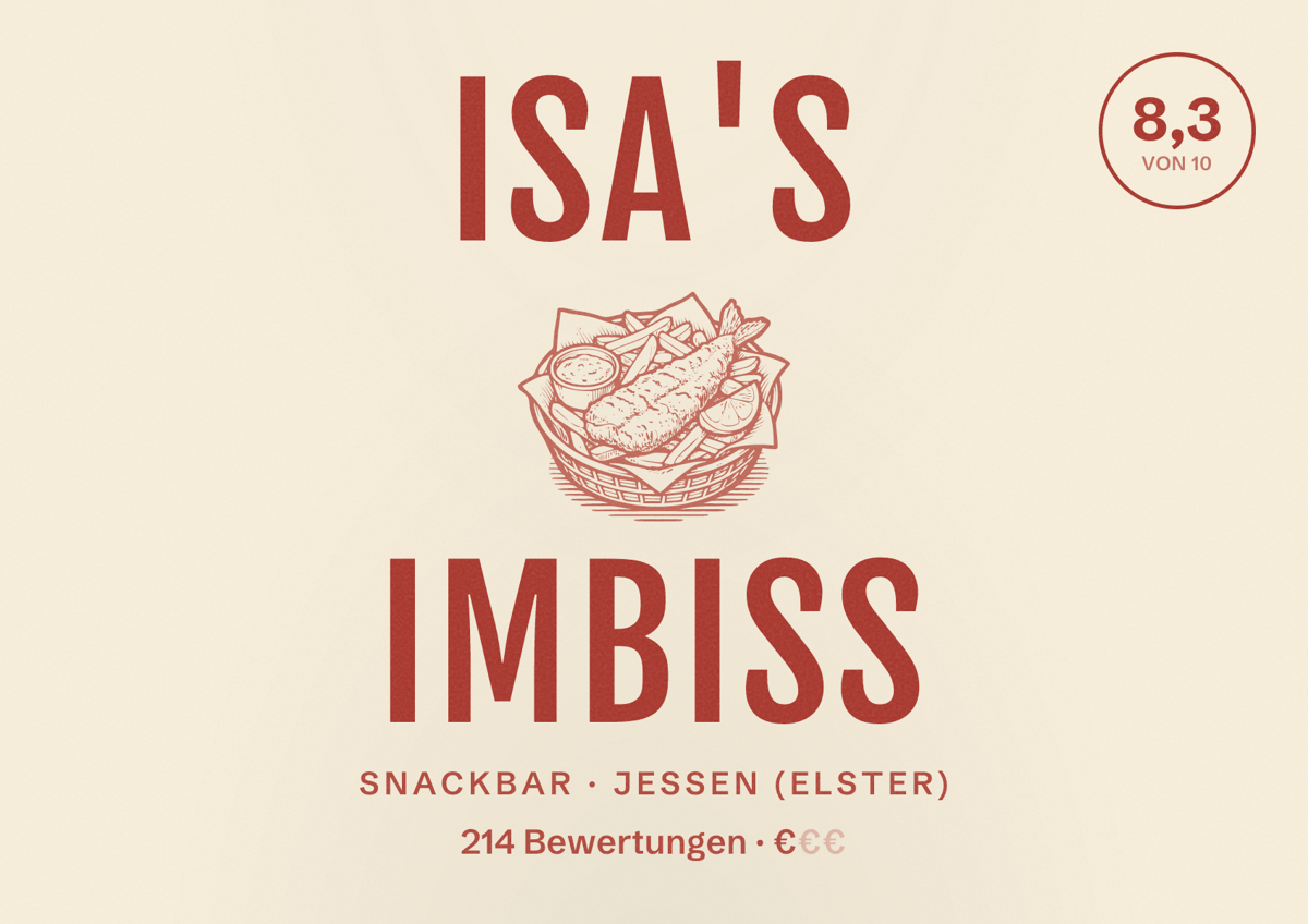 Illustriertes Poster von Isa's Imbiss, Snackbar in Jessen (Elster): Bewertung 8,3 von 10 aus 214 Bewertungen, Preisniveau €