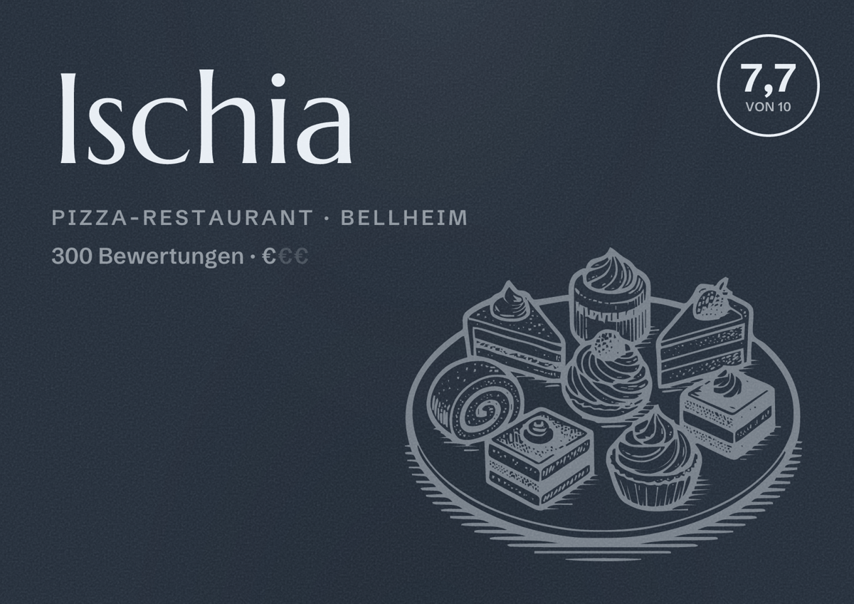 Illustriertes Poster von Ischia, Pizza-Restaurant in Bellheim: Bewertung 7,7 von 10 aus 300 Bewertungen, Preisniveau €