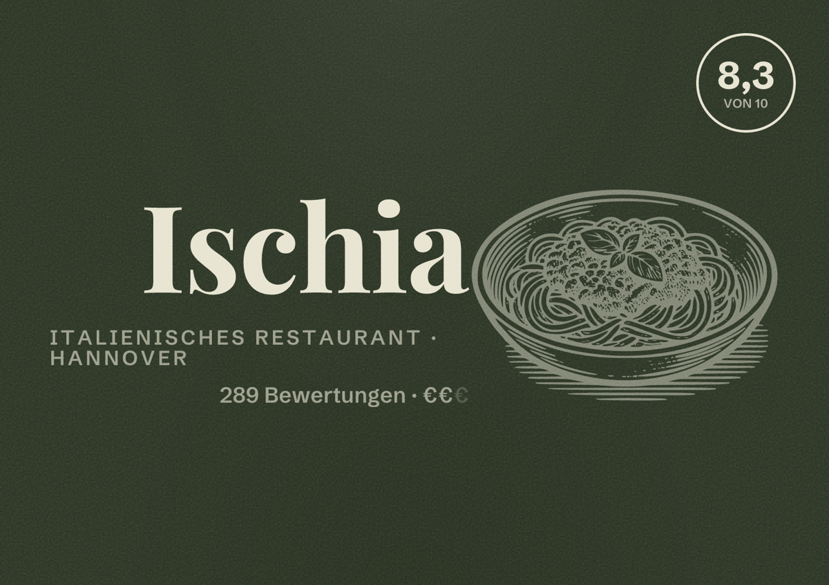 Illustriertes Poster von Ischia, Italienisches Restaurant in Hannover: Bewertung 8,3 von 10 aus 289 Bewertungen, Preisniveau €€