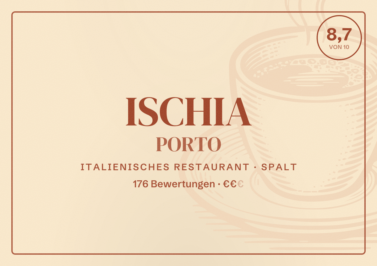Illustriertes Poster von ISCHIA PORTO, Italienisches Restaurant in Spalt: Bewertung 8,7 von 10 aus 176 Bewertungen, Preisniveau €€