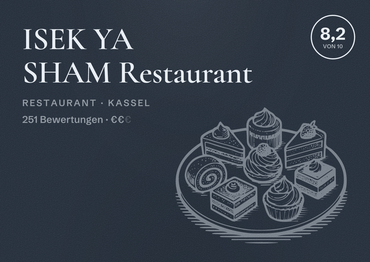 Illustriertes Poster von ISEK YA SHAM Restaurant, Restaurant in Kassel: Bewertung 8,2 von 10 aus 251 Bewertungen, Preisniveau €€
