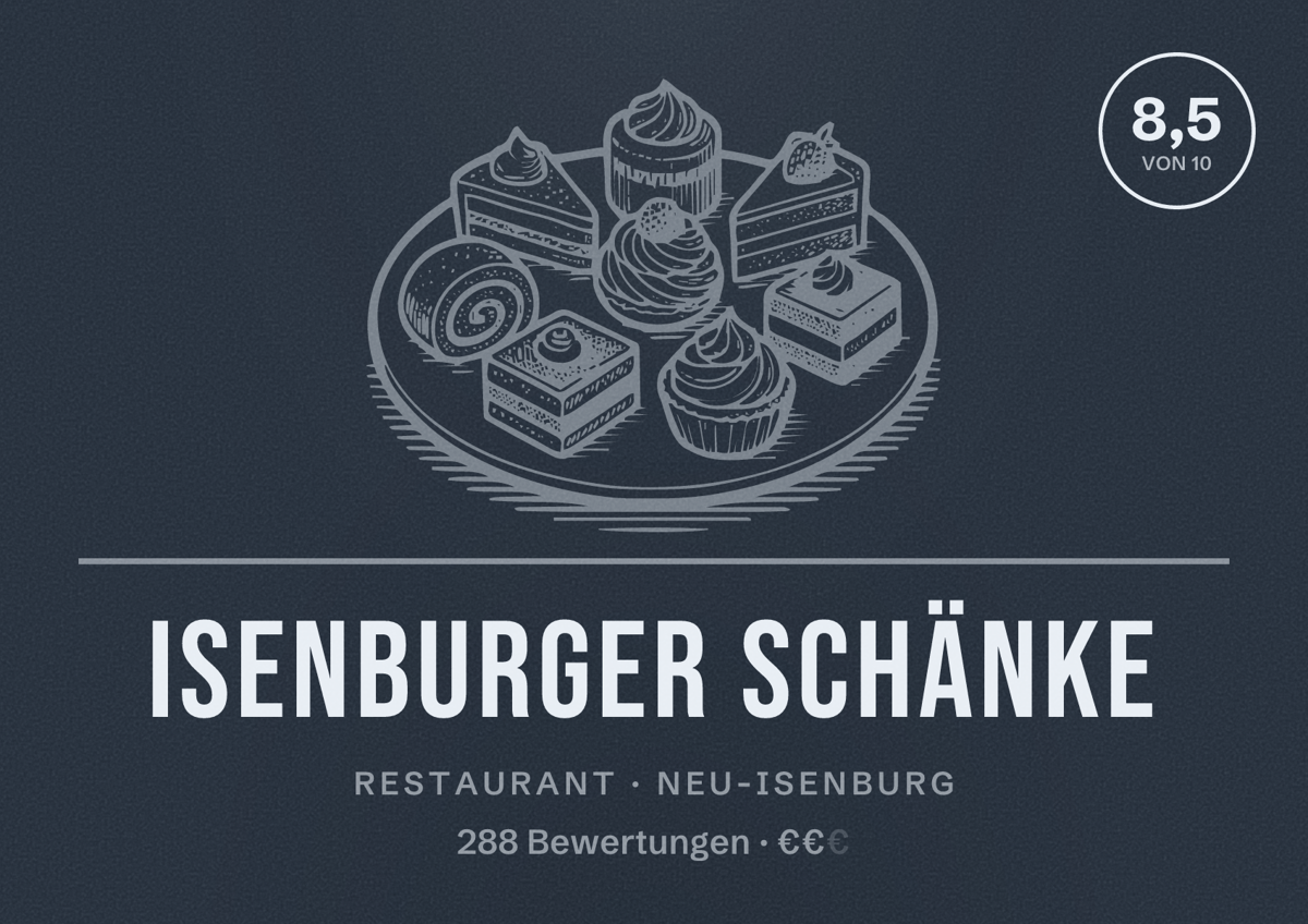 Illustriertes Poster von Isenburger Schänke, Restaurant in Neu-Isenburg: Bewertung 8,5 von 10 aus 288 Bewertungen, Preisniveau €€