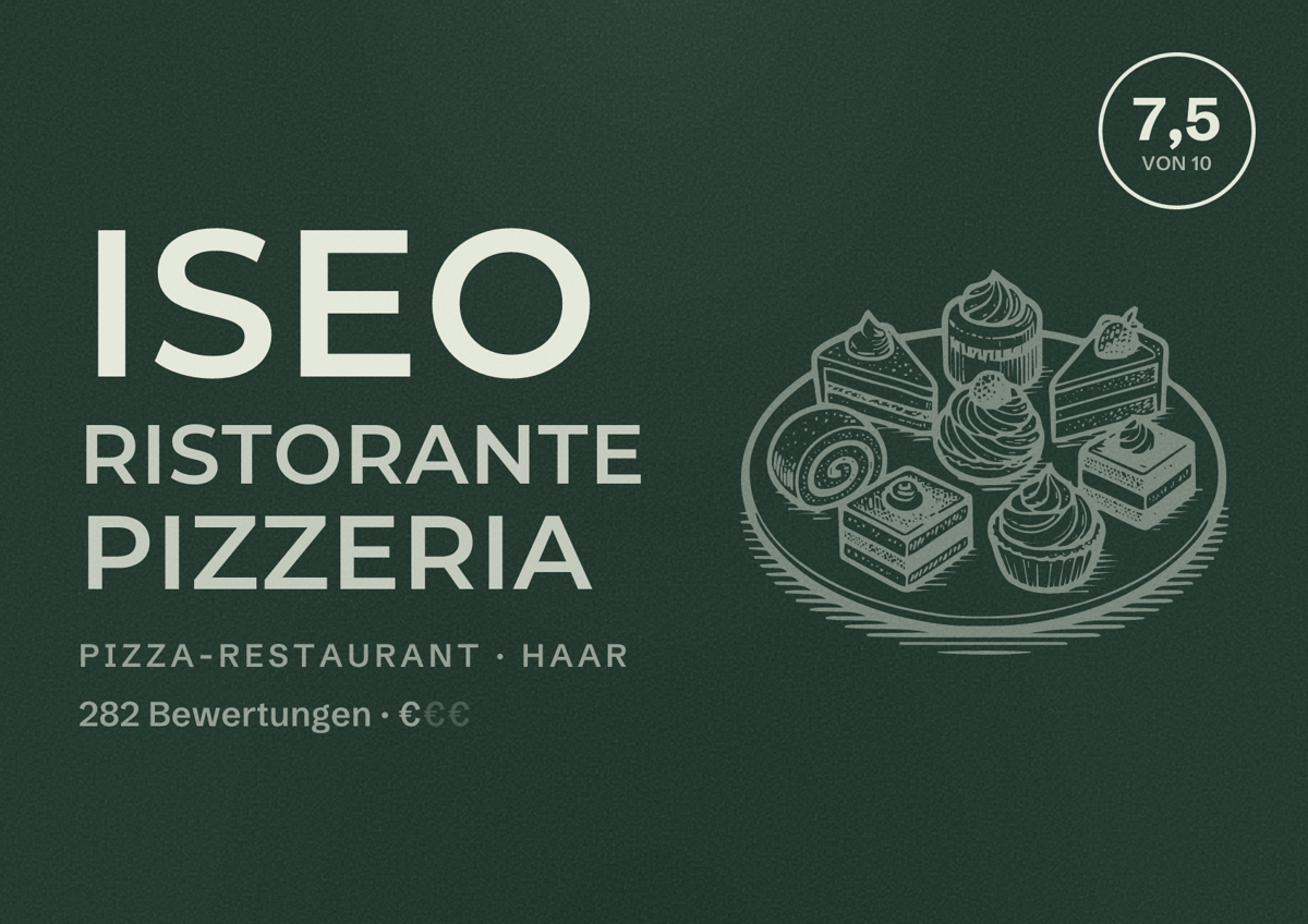 Illustriertes Poster von Iseo Ristorante Pizzeria, Pizza-Restaurant in Haar: Bewertung 7,5 von 10 aus 282 Bewertungen, Preisniveau €
