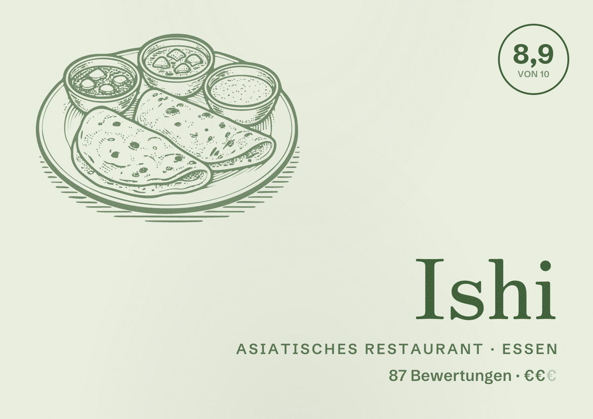 Illustriertes Poster von Ishi, Asiatisches Restaurant in Essen: Bewertung 8,9 von 10 aus 87 Bewertungen, Preisniveau €€