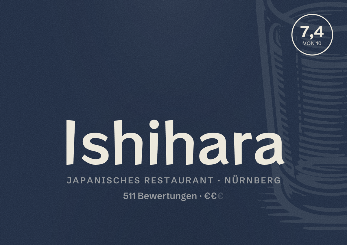 Illustriertes Poster von Ishihara, Japanisches Restaurant in Nürnberg: Bewertung 7,4 von 10 aus 511 Bewertungen, Preisniveau €€