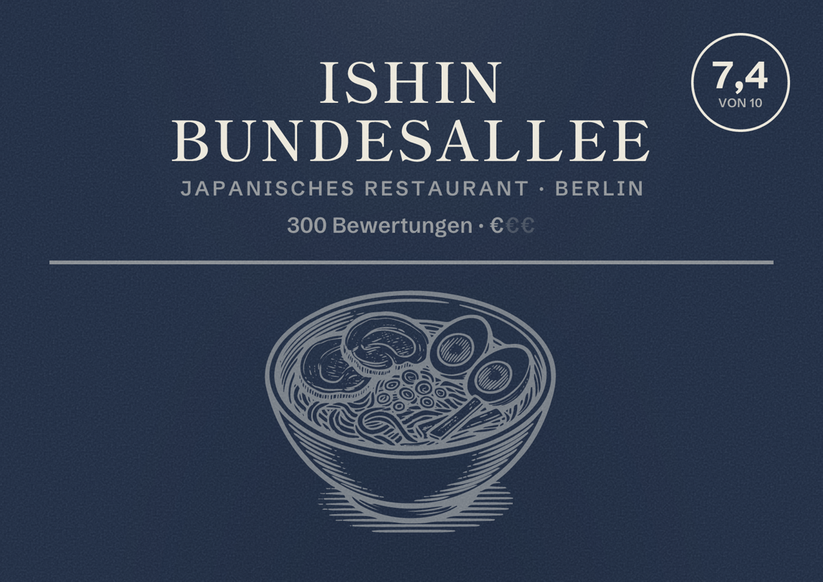 Illustriertes Poster von Ishin Bundesallee, Japanisches Restaurant in Berlin: Bewertung 7,4 von 10 aus 300 Bewertungen, Preisniveau €