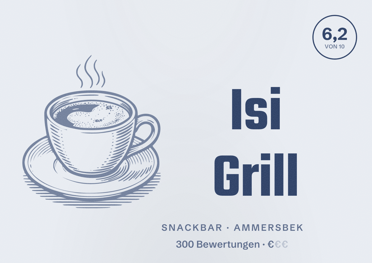 Illustriertes Poster von Isi Grill, Snackbar in Ammersbek: Bewertung 6,2 von 10 aus 300 Bewertungen, Preisniveau €