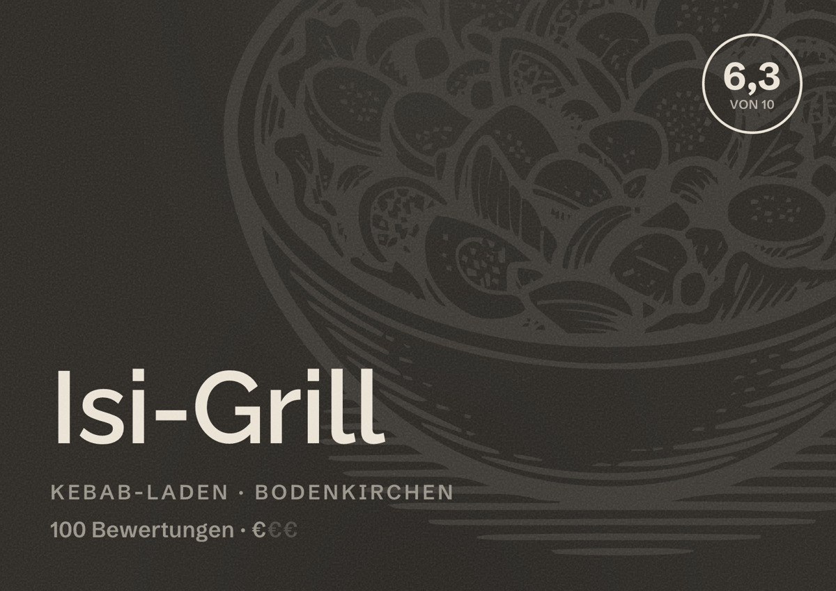 Illustriertes Poster von Isi-Grill, Kebab-Laden in Bodenkirchen: Bewertung 6,3 von 10 aus 100 Bewertungen, Preisniveau €