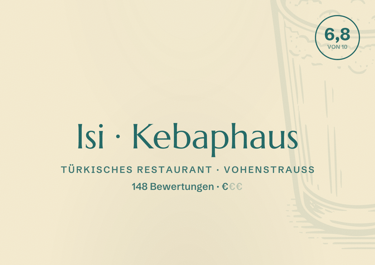 Illustriertes Poster von Isi Kebaphaus, Türkisches Restaurant in Vohenstrauß: Bewertung 6,8 von 10 aus 148 Bewertungen, Preisniveau €