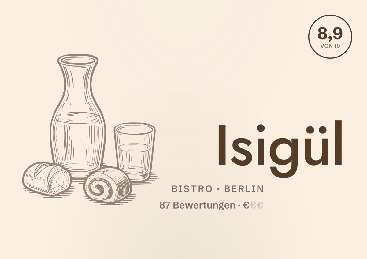 Illustriertes Poster von Isigül, Bistro in Berlin: Bewertung 8,9 von 10 aus 87 Bewertungen, Preisniveau €